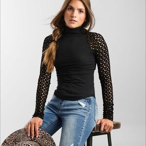 Free People Black High Neck Clemente Lace Sleeve Women's Top